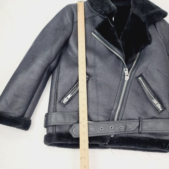 Zara Women's Black Aviator Faux Leather Shearling Double-Faced Biker Jacket XS - Picture 10 of 11